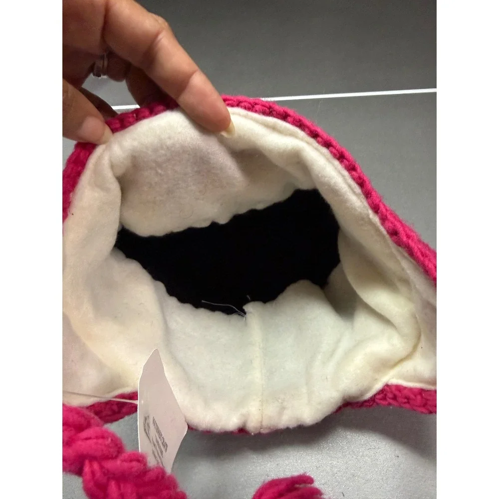 Southwest Crafts Handmade Minnie Mouse Knit Beanie Pink Black Fleece Lined NWT